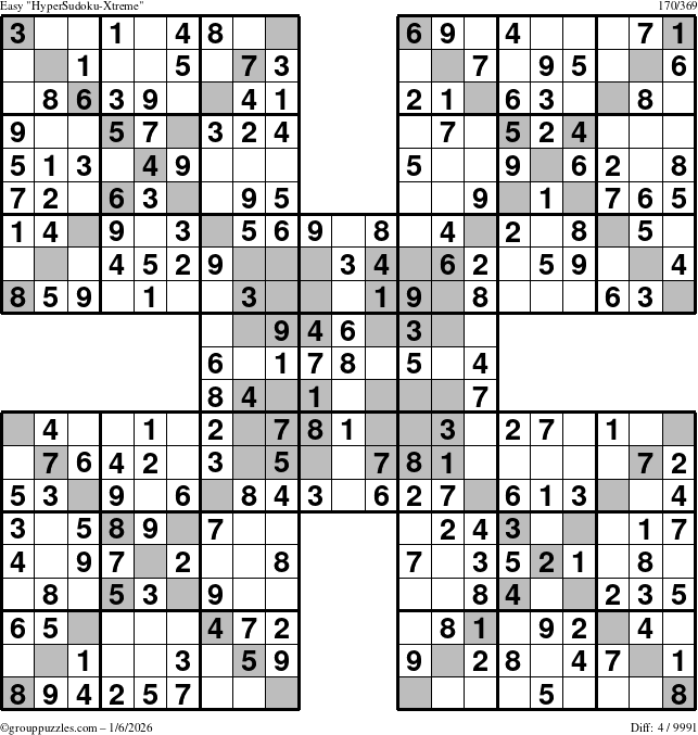 The grouppuzzles.com Easy HyperSudoku-Xtreme puzzle for Tuesday January 6, 2026