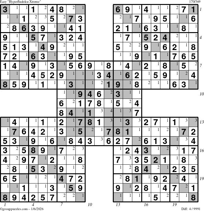 The grouppuzzles.com Easy HyperSudoku-Xtreme puzzle for Tuesday January 6, 2026 with all 4 steps marked