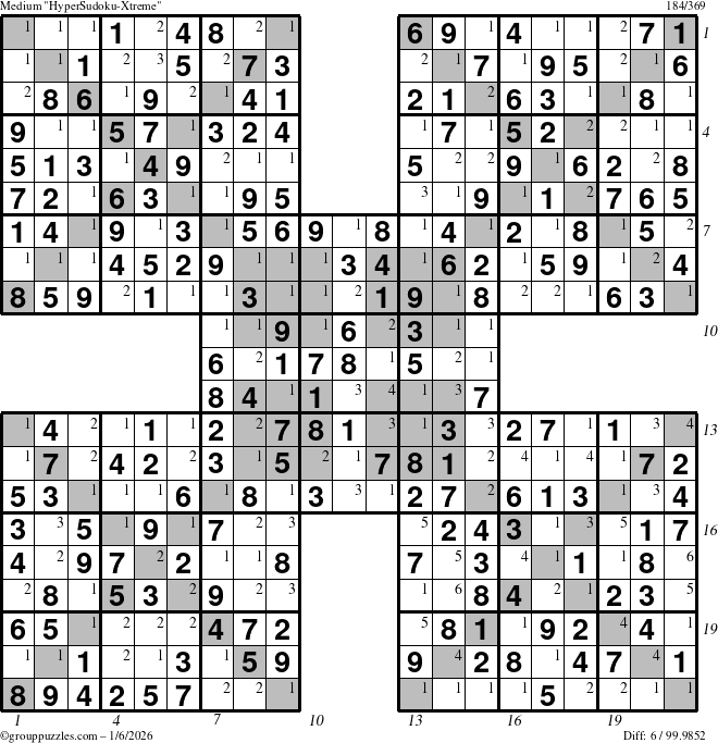 The grouppuzzles.com Medium HyperSudoku-Xtreme puzzle for Tuesday January 6, 2026, suitable for printing, with all 6 steps marked