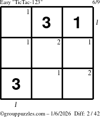 The grouppuzzles.com Easy TicTac-123 puzzle for Tuesday January 6, 2026 with all 2 steps marked