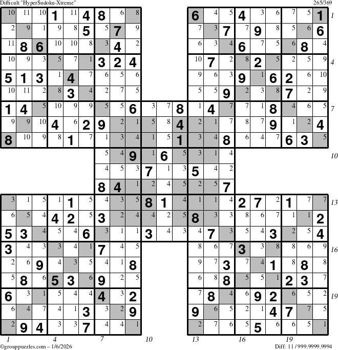 The grouppuzzles.com Difficult HyperSudoku-Xtreme puzzle for Tuesday January 6, 2026, suitable for printing, with all 11 steps marked
