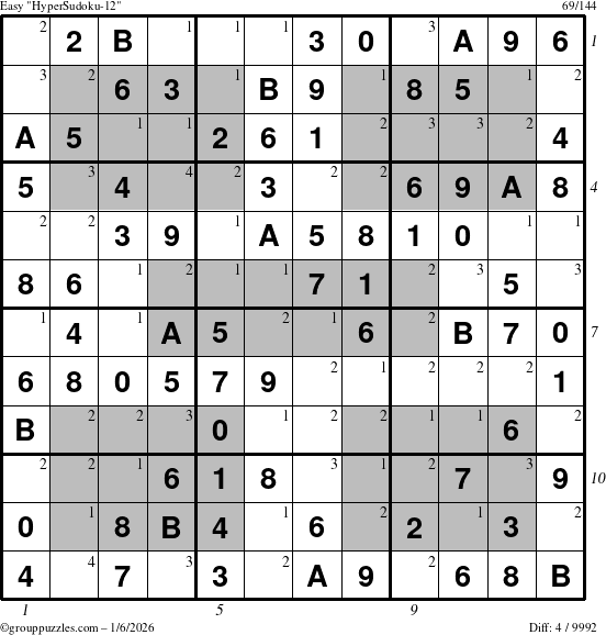 The grouppuzzles.com Easy HyperSudoku-12 puzzle for Tuesday January 6, 2026, suitable for printing, with all 4 steps marked