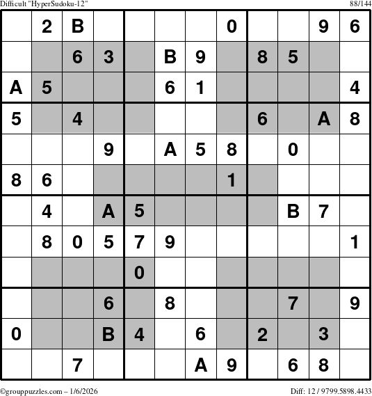 The grouppuzzles.com Difficult HyperSudoku-12 puzzle for Tuesday January 6, 2026