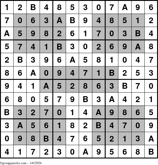 The grouppuzzles.com Answer grid for the HyperSudoku-12 puzzle for Tuesday January 6, 2026