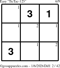 The grouppuzzles.com Easy TicTac-123 puzzle for Tuesday January 6, 2026 with the first 2 steps marked