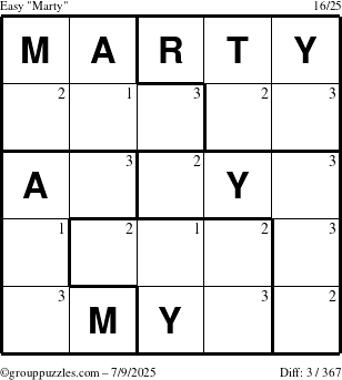 The grouppuzzles.com Easy Marty puzzle for Wednesday July 9, 2025 with the first 3 steps marked