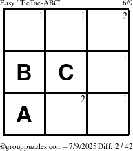 The grouppuzzles.com Easy TicTac-ABC puzzle for Wednesday July 9, 2025 with the first 2 steps marked