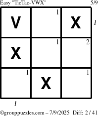 The grouppuzzles.com Easy TicTac-VWX puzzle for Wednesday July 9, 2025 with all 2 steps marked