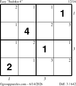The grouppuzzles.com Easy Sudoku-4 puzzle for Sunday June 14, 2026, suitable for printing, with all 3 steps marked
