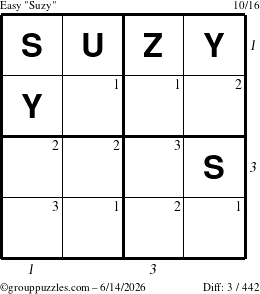 The grouppuzzles.com Easy Suzy puzzle for Sunday June 14, 2026, suitable for printing, with all 3 steps marked
