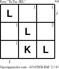 The grouppuzzles.com Easy TicTac-JKL puzzle for Sunday June 14, 2026 with all 2 steps marked