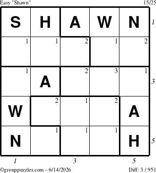 The grouppuzzles.com Easy Shawn puzzle for Sunday June 14, 2026, suitable for printing, with all 3 steps marked
