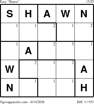 The grouppuzzles.com Easy Shawn puzzle for Sunday June 14, 2026 with the first 3 steps marked