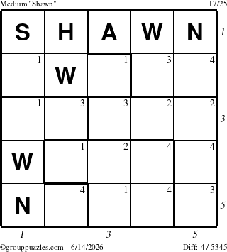 The grouppuzzles.com Medium Shawn puzzle for Sunday June 14, 2026, suitable for printing, with all 4 steps marked