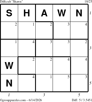 The grouppuzzles.com Difficult Shawn puzzle for Sunday June 14, 2026 with all 5 steps marked