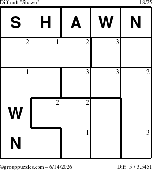 The grouppuzzles.com Difficult Shawn puzzle for Sunday June 14, 2026 with the first 3 steps marked
