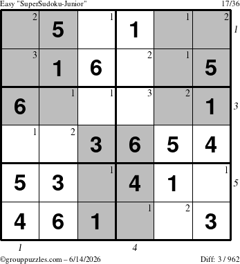 The grouppuzzles.com Easy SuperSudoku-Junior puzzle for Sunday June 14, 2026, suitable for printing, with all 3 steps marked