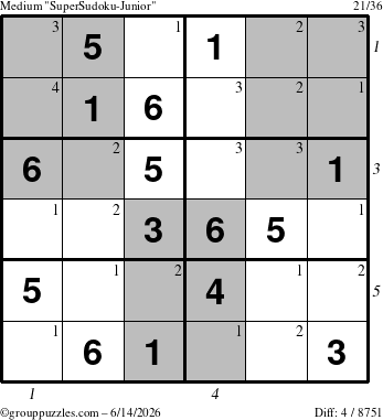 The grouppuzzles.com Medium SuperSudoku-Junior puzzle for Sunday June 14, 2026 with all 4 steps marked
