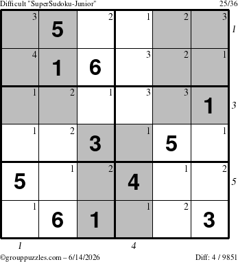 The grouppuzzles.com Difficult SuperSudoku-Junior puzzle for Sunday June 14, 2026 with all 4 steps marked
