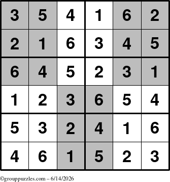 The grouppuzzles.com Answer grid for the SuperSudoku-Junior puzzle for Sunday June 14, 2026
