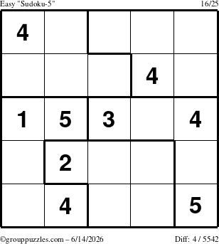The grouppuzzles.com Easy Sudoku-5 puzzle for Sunday June 14, 2026
