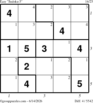 The grouppuzzles.com Easy Sudoku-5 puzzle for Sunday June 14, 2026, suitable for printing, with all 4 steps marked