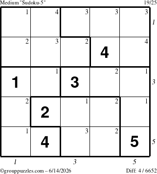 The grouppuzzles.com Medium Sudoku-5 puzzle for Sunday June 14, 2026, suitable for printing, with all 4 steps marked