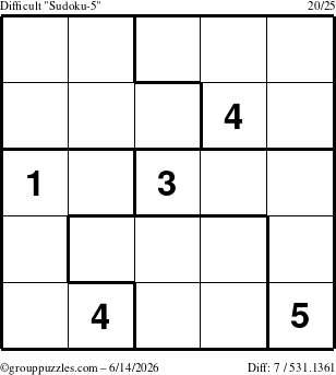 The grouppuzzles.com Difficult Sudoku-5 puzzle for Sunday June 14, 2026
