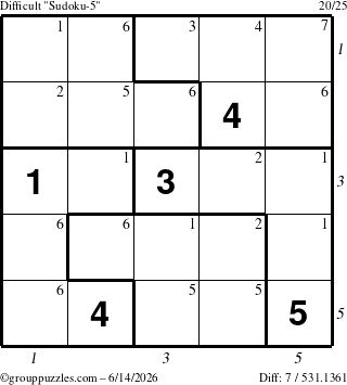 The grouppuzzles.com Difficult Sudoku-5 puzzle for Sunday June 14, 2026, suitable for printing, with all 7 steps marked