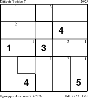 The grouppuzzles.com Difficult Sudoku-5 puzzle for Sunday June 14, 2026 with the first 3 steps marked