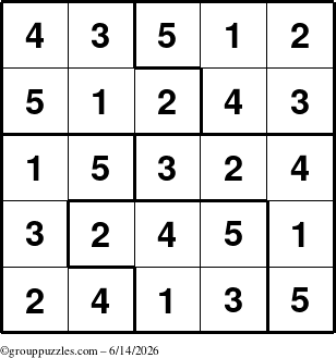 The grouppuzzles.com Answer grid for the Sudoku-5 puzzle for Sunday June 14, 2026