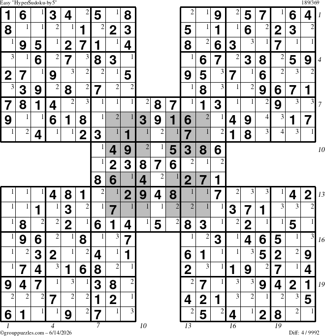 The grouppuzzles.com Easy HyperSudoku-by5 puzzle for Sunday June 14, 2026, suitable for printing, with all 4 steps marked