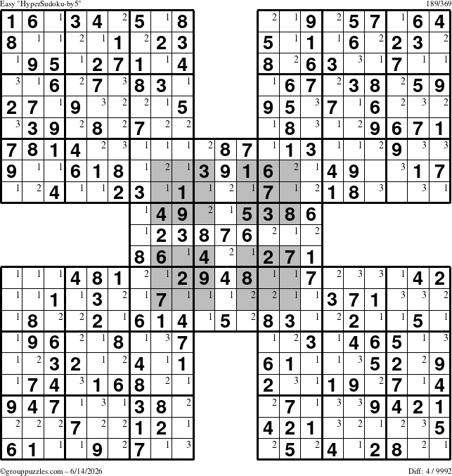 The grouppuzzles.com Easy HyperSudoku-by5 puzzle for Sunday June 14, 2026 with the first 3 steps marked