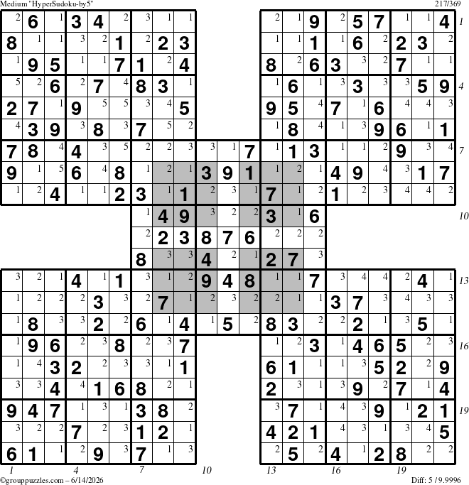 The grouppuzzles.com Medium HyperSudoku-by5 puzzle for Sunday June 14, 2026, suitable for printing, with all 5 steps marked