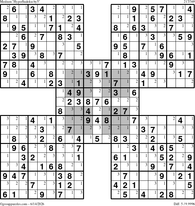 The grouppuzzles.com Medium HyperSudoku-by5 puzzle for Sunday June 14, 2026 with the first 3 steps marked