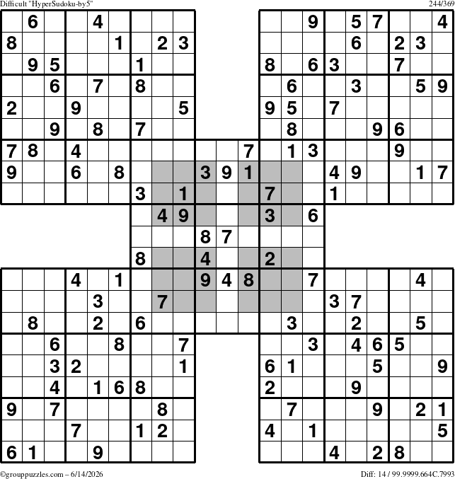 The grouppuzzles.com Difficult HyperSudoku-by5 puzzle for Sunday June 14, 2026