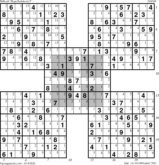 The grouppuzzles.com Difficult HyperSudoku-by5 puzzle for Sunday June 14, 2026 with all 14 steps marked