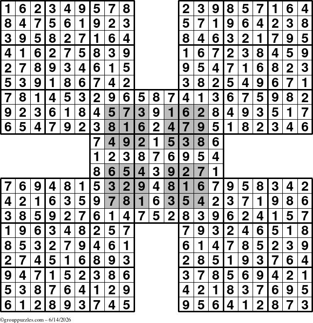 The grouppuzzles.com Answer grid for the HyperSudoku-by5 puzzle for Sunday June 14, 2026