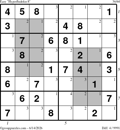 The grouppuzzles.com Easy HyperSudoku-8 puzzle for Sunday June 14, 2026, suitable for printing, with all 4 steps marked