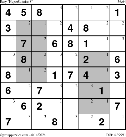 The grouppuzzles.com Easy HyperSudoku-8 puzzle for Sunday June 14, 2026 with the first 3 steps marked