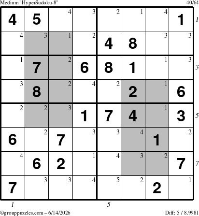 The grouppuzzles.com Medium HyperSudoku-8 puzzle for Sunday June 14, 2026, suitable for printing, with all 5 steps marked