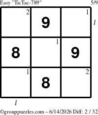 The grouppuzzles.com Easy TicTac-789 puzzle for Sunday June 14, 2026, suitable for printing, with all 2 steps marked