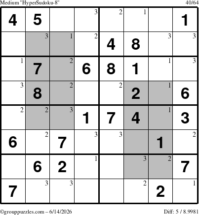 The grouppuzzles.com Medium HyperSudoku-8 puzzle for Sunday June 14, 2026 with the first 3 steps marked