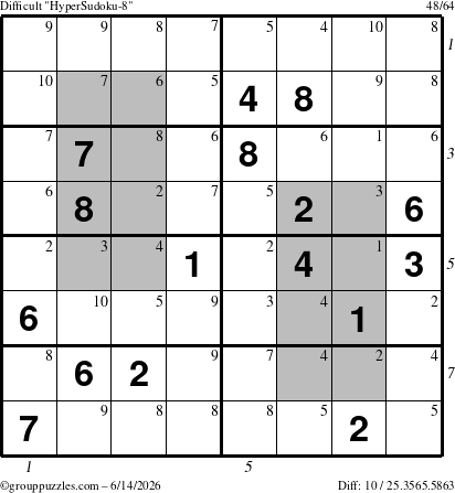 The grouppuzzles.com Difficult HyperSudoku-8 puzzle for Sunday June 14, 2026, suitable for printing, with all 10 steps marked