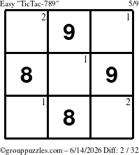 The grouppuzzles.com Easy TicTac-789 puzzle for Sunday June 14, 2026 with the first 2 steps marked