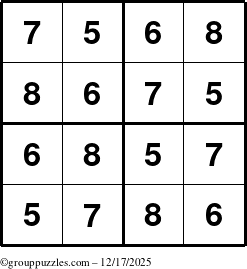 The grouppuzzles.com Answer grid for the Sudoku-4-5678 puzzle for Wednesday December 17, 2025