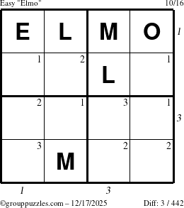 The grouppuzzles.com Easy Elmo puzzle for Wednesday December 17, 2025, suitable for printing, with all 3 steps marked