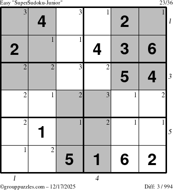 The grouppuzzles.com Easy SuperSudoku-Junior puzzle for Wednesday December 17, 2025 with all 3 steps marked
