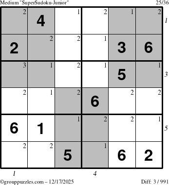 The grouppuzzles.com Medium SuperSudoku-Junior puzzle for Wednesday December 17, 2025 with all 3 steps marked