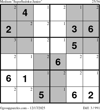 The grouppuzzles.com Medium SuperSudoku-Junior puzzle for Wednesday December 17, 2025 with the first 3 steps marked